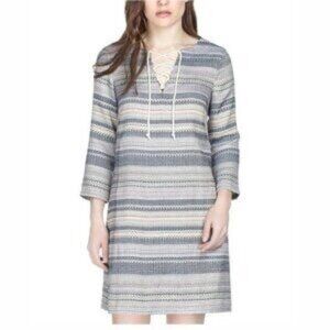 Lilla P Woven Jacquard Tie Neck Dress Long Sleeve Coastal S